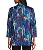 Color:Multi - Image 2 - Double Printed Quilted Jacquard Knit Banded Collar 3/4 Sleeve Button Front Jacket
