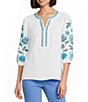 Multiples Embroidered Floral Split V-Neck 3/4 Sleeve Top - Image 1