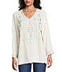 Multiples Embroidered Textured V-Neck 3/4 Sleeve Fringe Edge Top, Color:Multi - Image 1