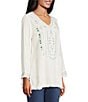Multiples Embroidered Textured V-Neck 3/4 Sleeve Fringe Edge Top, Color:Multi - Image 3