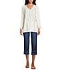 Multiples Embroidered Textured V-Neck 3/4 Sleeve Fringe Edge Top, Color:Multi - Image 5