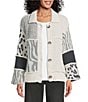 Multiples Jacquard Knit Solid Mixed Print Collared 3/4 Sleeve Button Front Cardigan, Color:Multi - Image 1