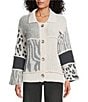 Multiples Jacquard Knit Solid Mixed Print Collared 3/4 Sleeve Button Front Cardigan, Color:Multi - Image 2