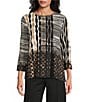 Multiples Knit Color Block Stripe Geometric Print Embellished Neckline 3/4 Sleeve Top, Color:Multi - Image 1