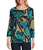 Multiples Knit Geometric Print Scoop Neck 3/4 Sleeve Top, Color:Abstract Multi - Image 1