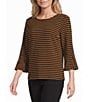 Multiples Knit Stripe Boat Neck 3/4 Sleeve Pullover Top - Image 1