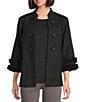 Multiples Linen Blend Georgette Stripe Trim Stand Collar 3/4 Sleeve Open-Front Jacket, Color:Black - Image 1