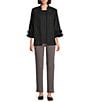 Multiples Linen Blend Georgette Stripe Trim Stand Collar 3/4 Sleeve Open-Front Jacket, Color:Black - Image 3