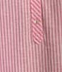 Color:Bright Pink - Image 4 - Linen Blend Striped Print Band Collar 3/4 Roll-Tab Sleeve Hi-Low Hem Top