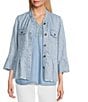 Multiples Lyocell Printed Point Collar 3/4 Flounce Sleeve Button Front Peplum Jacket, Color:Denim Print - Image 1