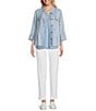 Multiples Lyocell Printed Point Collar 3/4 Flounce Sleeve Button Front Peplum Jacket, Color:Denim Print - Image 3