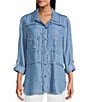 Multiples Lyocell Twill Point Collar Long Roll-Tab Sleeve Button-Front Fringed Shirt, Color:Light Indigo - Image 1