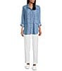 Multiples Lyocell Twill Point Collar Long Roll-Tab Sleeve Button-Front Fringed Shirt, Color:Light Indigo - Image 3