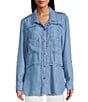 Multiples Lyocell Twill Point Collar Long Roll-Tab Sleeve Button-Front Fringed Shirt, Color:Light Indigo - Image 4