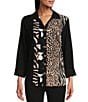 Color:Multi - Image 1 - Mixed Animal Print Point Collar Turned Up Cuff 3/4 Sleeve Button Front Shirt