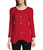 Color:Bright Red - Image 1 - Novelty Knit Round Neck 3/4 Sleeve Button Trim Placket Asymmetrical Hem Top