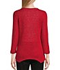 Color:Bright Red - Image 2 - Novelty Knit Round Neck 3/4 Sleeve Button Trim Placket Asymmetrical Hem Top