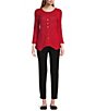 Color:Bright Red - Image 3 - Novelty Knit Round Neck 3/4 Sleeve Button Trim Placket Asymmetrical Hem Top