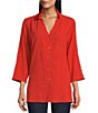 Color:Spice - Image 1 - Petite Size 3/4 Sleeve Button Front Stand Collar Y-Neck Gauze Shirt