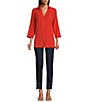 Color:Spice - Image 3 - Petite Size 3/4 Sleeve Button Front Stand Collar Y-Neck Gauze Shirt