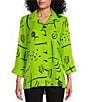Color:Keylime - Image 1 - Petite Size Abstract Print Shimmer Collard 3/4 Tur Up Cuff Button-Front Hi-Low Shirt