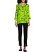 Color:Keylime - Image 3 - Petite Size Abstract Print Shimmer Collard 3/4 Tur Up Cuff Button-Front Hi-Low Shirt