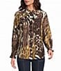 Multiples Petite Size Crinkle Animal Ruffle Collar Shirred Raglan Long Sleeve Button-Front Shirt - Image 1