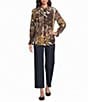 Multiples Petite Size Crinkle Animal Ruffle Collar Shirred Raglan Long Sleeve Button-Front Shirt - Image 3