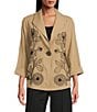 Multiples Petite Size Crinkle Woven Embroidered Floral Shawl Collar 3/4 Turn-Up Cuff Sleeve One Button-Front Jacket, Color:Tan - Image 2