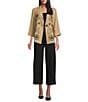 Multiples Petite Size Crinkle Woven Embroidered Floral Shawl Collar 3/4 Turn-Up Cuff Sleeve One Button-Front Jacket, Color:Tan - Image 4