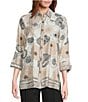 Multiples Petite Size Crinkle Woven Floral Border Print Point Collar 3/4 Turn-Up Sleeve Button-Front Shirt, Color:Black Print - Image 1