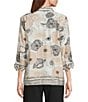 Multiples Petite Size Crinkle Woven Floral Border Print Point Collar 3/4 Turn-Up Sleeve Button-Front Shirt, Color:Black Print - Image 2