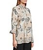 Multiples Petite Size Crinkle Woven Floral Border Print Point Collar 3/4 Turn-Up Sleeve Button-Front Shirt, Color:Black Print - Image 3