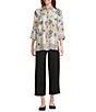 Multiples Petite Size Crinkle Woven Floral Border Print Point Collar 3/4 Turn-Up Sleeve Button-Front Shirt, Color:Black Print - Image 5