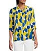 Multiples Petite Size Crinkle Woven Printed Point Collar 3/4 Cinched Tab Cuff Button Front Shirt, Color:Multi - Image 1