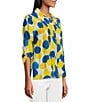 Multiples Petite Size Crinkle Woven Printed Point Collar 3/4 Cinched Tab Cuff Button Front Shirt, Color:Multi - Image 3