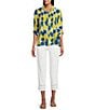 Multiples Petite Size Crinkle Woven Printed Point Collar 3/4 Cinched Tab Cuff Button Front Shirt, Color:Multi - Image 5