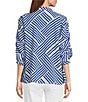 Multiples Petite Size Crinkle Woven Printed Wire Collar 3/4 Sleeve Button-Front Shirt, Color:Bright Royal - Image 2