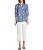 Multiples Petite Size Crinkle Woven Printed Wire Collar 3/4 Sleeve Button-Front Shirt, Color:Bright Royal - Image 3