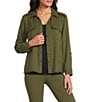 Multiples Petite Size Denim Collared Y-Neck Long Roll Tab Sleeve Fringe Hem Button Front Jacket - Image 1