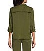 Multiples Petite Size Denim Collared Y-Neck Long Roll Tab Sleeve Fringe Hem Button Front Jacket - Image 2