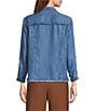 Multiples Petite Size Denim Collared Y-Neck Long Roll Tab Sleeve Fringe Hem Button Front Jacket - Image 2