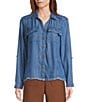 Multiples Petite Size Denim Collared Y-Neck Long Roll Tab Sleeve Fringe Hem Button Front Jacket - Image 3