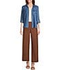 Multiples Petite Size Denim Collared Y-Neck Long Roll Tab Sleeve Fringe Hem Button Front Jacket - Image 4