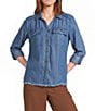 Multiples Petite Size Denim Collared Y-Neck Long Roll Tab Sleeve Fringe Hem Button Front Jacket - Image 5