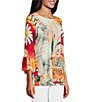Multiples Petite Size Embellished Placed Multi Print Boat Neck 3/4 Flounce Sleeve Knit Top, Color:Multi - Image 3
