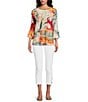 Multiples Petite Size Embellished Placed Multi Print Boat Neck 3/4 Flounce Sleeve Knit Top, Color:Multi - Image 5