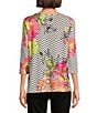 Multiples Petite Size Embellished Placement Print Scoop Neck 3/4 Sleeve Fitted Knit Top, Color:Multi - Image 2