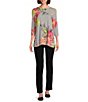 Multiples Petite Size Embellished Placement Print Scoop Neck 3/4 Sleeve Fitted Knit Top, Color:Multi - Image 3