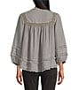 Multiples Petite Size Embroidered Band Collar 3/4 Sleeve Fringe Hem Top, Color:Medium Grey Denim - Image 2